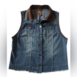 Multiples Denim Vest Studded Pockets Brown Faux Suede Trim Western Boho M
